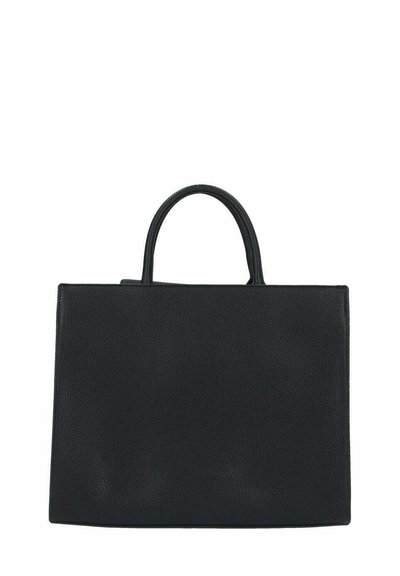 Svart läderhandväska med en strukturerad rektangulär form, slät textur, två korta handtag och en minimalistisk design utan synlig hårdvara.