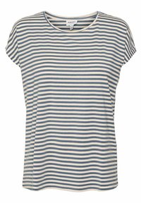 Gestreepte T-shirt met korte mouwen in crème en blauwe tinten. Zachte stof, relaxte pasvorm, ronde halslijn, subtiele zijsplitten, geen zichtbare hardware.