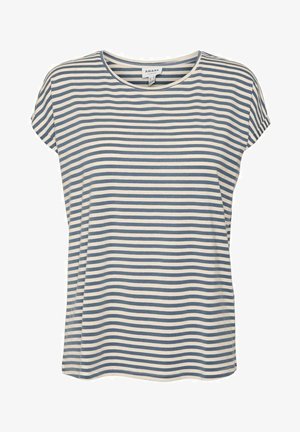 Gestreepte T-shirt met korte mouwen in crème en blauwe tinten. Zachte stof, relaxte pasvorm, ronde halslijn, subtiele zijsplitten, geen zichtbare hardware.