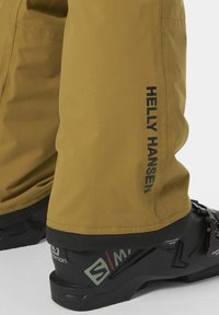Bruine waterdichte skibroek met een zwart logo 'Helly Hansen' aan de zijkant, gecombineerd met zwarte schoenen met een opvallend ontwerp en grippatronen.