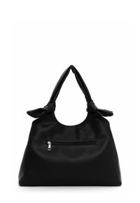 Black leather handbag with a textured finish, featuring two looped handles and a zippered exterior pocket. Soft, slouchy shape.