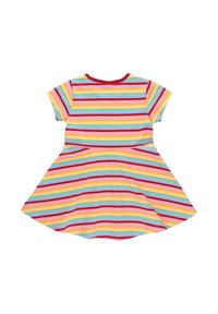 Sukienka w paski z krótkimi rękawami, okrągłym dekoltem i szerokim dołem. Kolory to różowe, żółte, czerwone i niebieskie paski.
