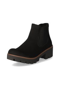 Stivaletti neri alla caviglia con una finitura in suede liscia, pannelli laterali elasticizzati, suola spessa e testurizzata, e un sottopiede marrone a contrasto.
