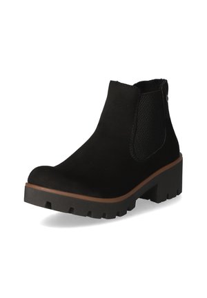 Bottes noires jusqu'à la cheville avec une finition en suède lisse, des panneaux latéraux élastiques, une semelle épaisse texturée et un intercalaire marron contrastant.