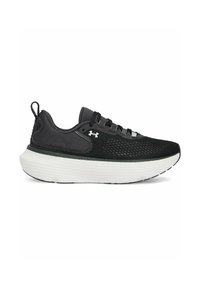 Black athletic shoe with a mesh upper, cushioned white sole, and black laces. Features a logo on the side and a pull tab at the heel.