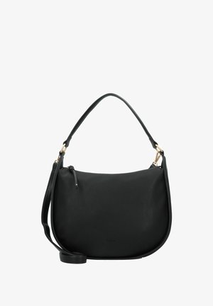 Borsa a spalla in pelle nera con forma curva, hardware dorato e tracolla removibile. Presenta una texture liscia e una chiusura con zip.
