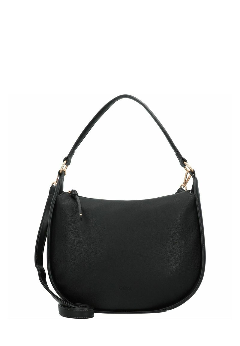 Borsa a spalla in pelle nera con forma curva, hardware dorato e tracolla removibile. Presenta una texture liscia e una chiusura con zip.