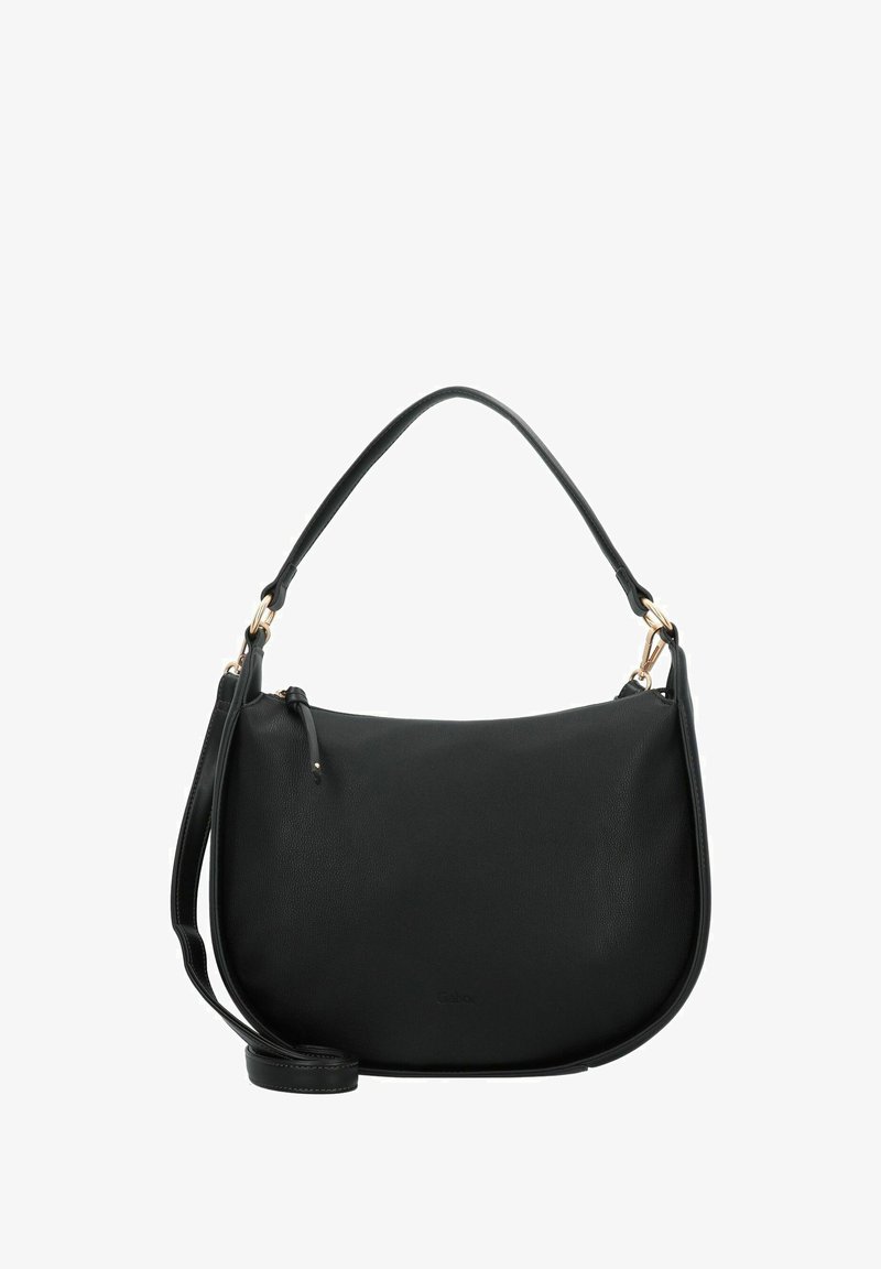 Zwarte leren schoudertas met een gebogen vorm, gouden hardware en een afneembare schouderband. Beschikt over een soepele textuur en een ritssluiting.
