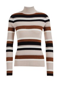 Maglione a collo alto a righe in beige, marrone, bianco e nero. Texture a costine con maniche lunghe, silhouette aderente e collo alto.