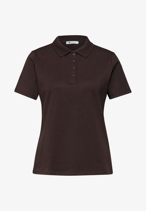 Ciemnobrązowa koszulka polo z krótkim rękawem, kołnierzykiem i plisą na cztery guziki, dopasowana do regularnego kroju.