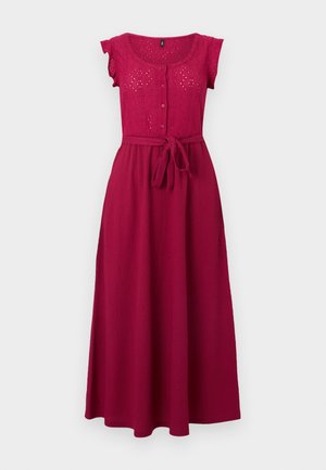 Φούξια μίντι αμάνικο φόρεμα με μπούστο από δαντέλα με τρύπες, μπροστινά κουμπιά και δεμένη υφασμάτινη ζώνη στη μέση, σε ανοιχτό φόντο.