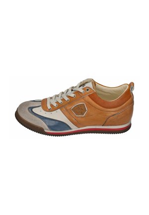 Men's sneaker in brown leather with grey, blue, and white accents. Features a rubber sole, round toe, and classic lace-up design.