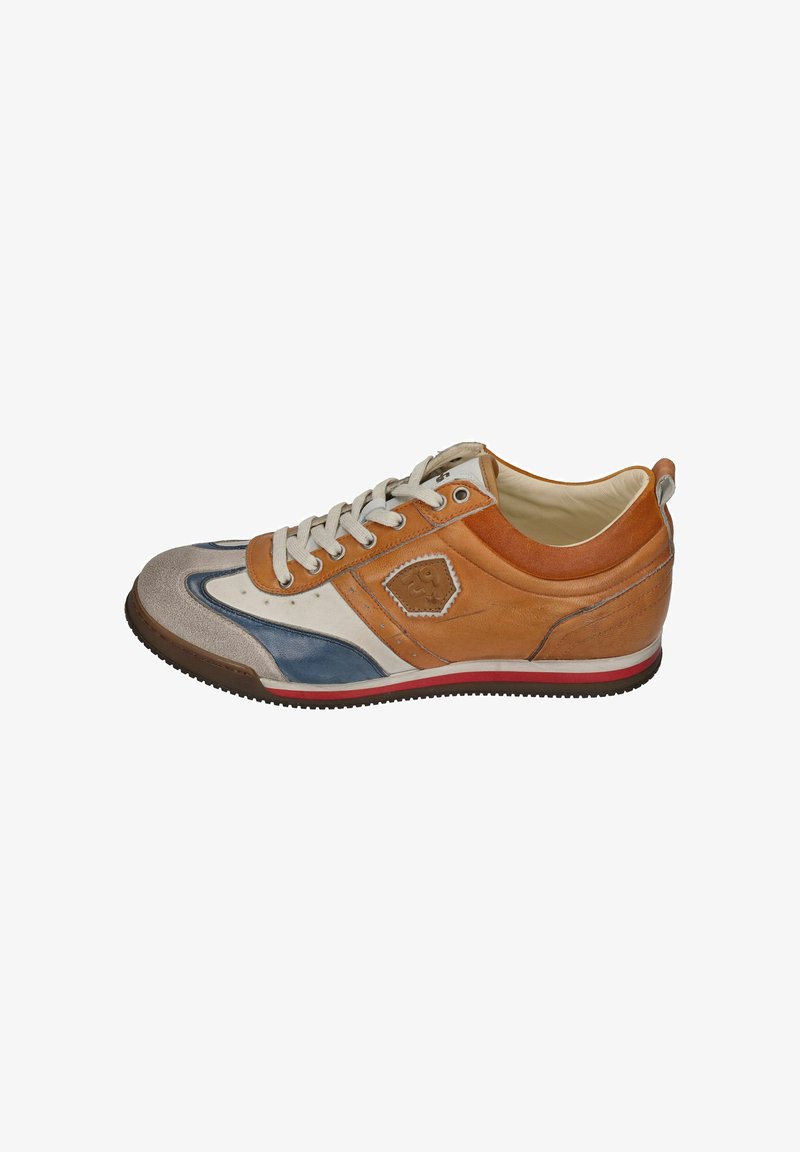 Men's sneaker in brown leather with grey, blue, and white accents. Features a rubber sole, round toe, and classic lace-up design.