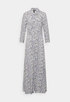 Vestido longo floral com fundo branco e flores roxas e verdes, design com colarinho e mangas longas.