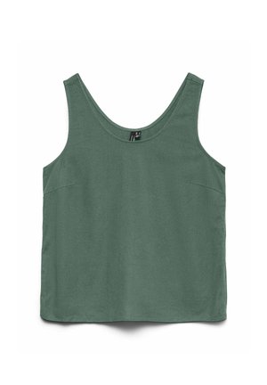 Débardeur vert sans manches avec encolure dégagée, fabriqué en tissu doux, posé à plat sur un fond blanc.