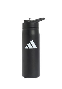 Zwarte roestvrijstalen waterfles met een matte afwerking, voorzien van een wit logo met drie strepen en een flip-top deksel voor gemakkelijk drinken.