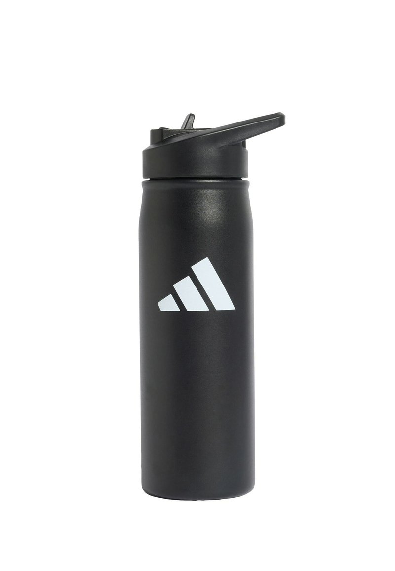 Zwarte roestvrijstalen waterfles met een matte afwerking, voorzien van een wit logo met drie strepen en een flip-top deksel voor gemakkelijk drinken.
