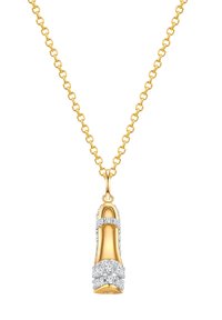 Guldtonad halsband med ett hänge i form av en hög klack, med silverdetaljer och klara rhinstenar för utsmyckning.