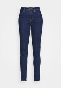 Slim fit džíny v tmavě modré denimové barvě s vysokým pasem, pětiskládovým designem a kontrastním prošíváním. Hladká textura s minimálním opotřebením.