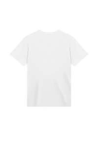 Ein schlichtes weißes T-Shirt aus Baumwolle mit kurzen Ärmeln, von hinten gezeigt, mit Rundhalsausschnitt und normaler Passform.