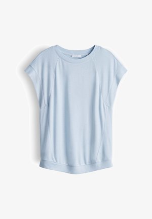 T-shirt bleu clair à manches courtes avec col rond, coutures raglan et ourlet à bande, présenté sur un fond blanc.