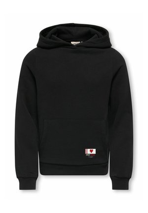 Sweat à capuche noir avec une poche frontale, des poignets côtelés et une petite étiquette avec un cœur et du texte en bas. Texture de tissu douce.
