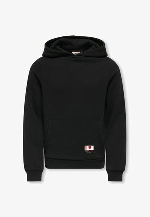 Felpa nera con cappuccio, tasca frontale, polsini a coste e un piccolo etichetta con un cuore e testo sull'orlo. Tessuto morbido.