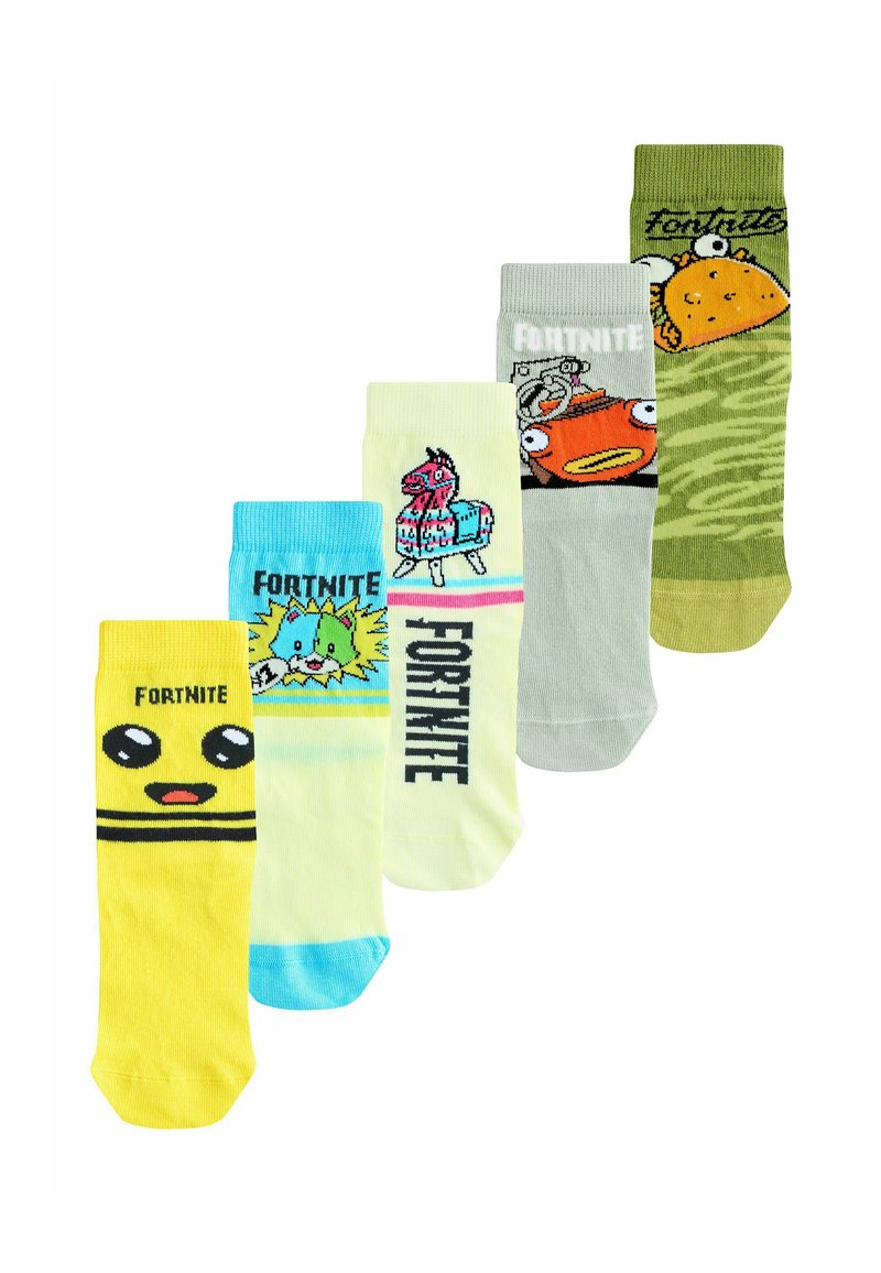Viis paari erksate sokke, mis sisaldavad mängulisi disainilahendusi: kollased näo kujutisega, türkiissinine laama ja rohelised kalaga. Igal sokipaari on „Fortnite“ bränding.