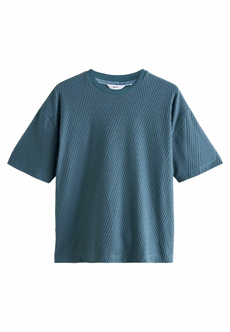 Kortærmet teal T-shirt med et struktureret mønster af diagonale linjer. Har en ribbet rund hals og en afslappet pasform. Fremstillet af bomuldsstof.