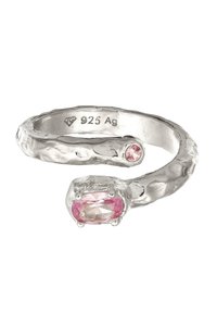 Silver ring with a textured band, adorned with an oval light pink gemstone and a smaller pink accent stone. Marked 925 Ag inside.