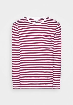 Langsleeve shirt met horizontale witte en donkerrode strepen en een klein zakje op de linkerborst.
