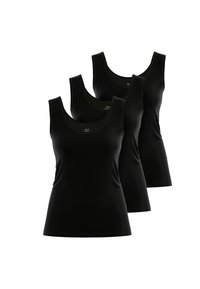Drie zwarte tanktops met ronde hals, gemaakt van zacht materiaal, met een aansluitend ontwerp en een gladde textuur.