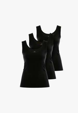 Trois débardeurs noirs à encolure ronde, en tissu doux, présentant une coupe ajustée et une texture lisse.