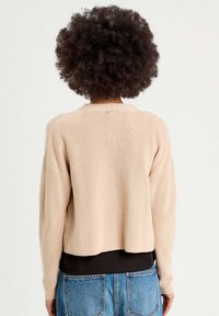 Pull en maille beige à coupe décontractée, avec un col rond et des épaules tombantes, porté par-dessus un haut noir, présentant un design cropped.