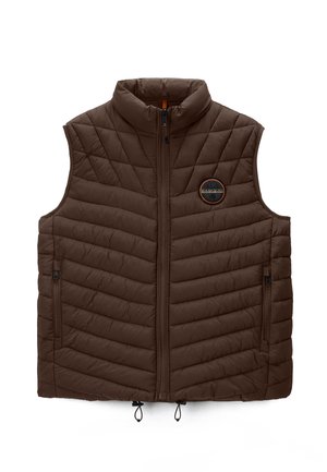 Brun quiltet ærmeløs vest med frontlynlås, ståkrave, to lynlåslommer i siderne og en rund logo mærkat på brystet.