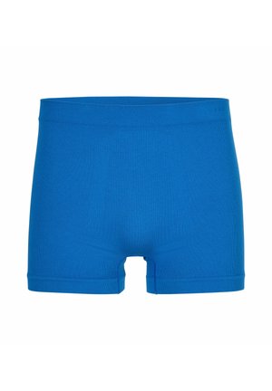 Boxers homme sans coutures bleus avec ceinture élastique et jambes courtes, présentés sur fond blanc.