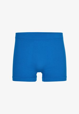 Boxers homme sans coutures bleus avec ceinture élastique et jambes courtes, présentés sur fond blanc.