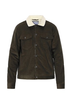 Brązowa kurtka z korduroy z beżowym kołnierzem z sztucznego owczej wełny, z przodem zapinanym na guziki oraz dwoma kieszeniami na piersi. Teksturowany materiał o prążkowanym wzorze.