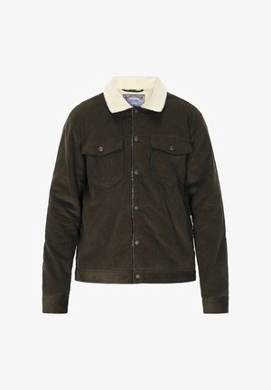 Brązowa kurtka z korduroy z beżowym kołnierzem z sztucznego owczej wełny, z przodem zapinanym na guziki oraz dwoma kieszeniami na piersi. Teksturowany materiał o prążkowanym wzorze.