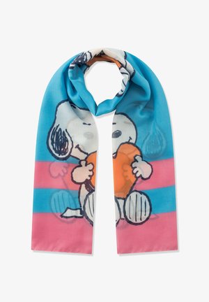Schal mit blauen und pinken Streifen, darauf Snoopy, der ein orangefarbenes Herz hält, gefaltet, sodass das lächelnde Gesicht und die Pfoten der Figur zu sehen sind.