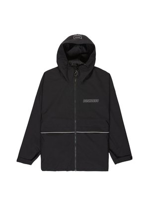 Schwarze Kapuzenjacke mit Frontreißverschluss, "DCSHOECO"-Logo auf Brust und Kapuze sowie dezenten weißen horizontalen Streifen auf der Vorderseite.