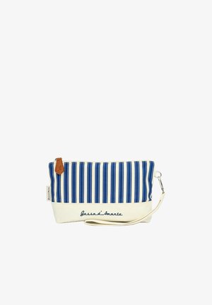 Small wristlet pouch with blue vertical stripes, cream bottom, zipper with brown pull tab, and wrist strap on white background.