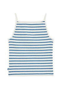 Prugasta majica bez rukava s tankim plavim i bijelim horizontalnim prugama, rebrasta tekstura, bijela obloga uz rubove i mali plavi detalj oznake.