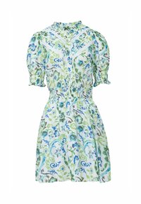 Vestido floral con patrones verdes y azules sobre un fondo blanco, mangas cortas abullonadas, cintura fruncida y un escote alto con botones.