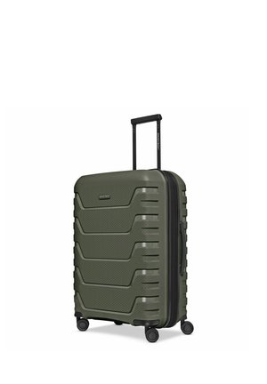 Valigia rigida verde con quattro ruote girevoli, manico retrattile e maniglia laterale per il trasporto.