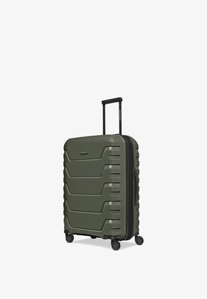 Valise rigide verte avec quatre roues pivotantes, une poignée télescopique et une poignée latérale pour le transport.