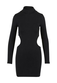 Robe mini noire ajustée à manches longues, avec un col montant et des découpes sur les côtés à la taille.