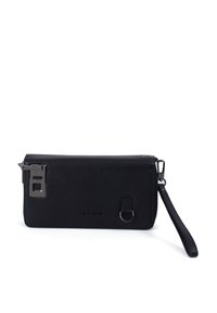 Black leather wristlet clutch with metal buckle, detachable strap, and embossed "CYCAS D'OR" logo on white background.