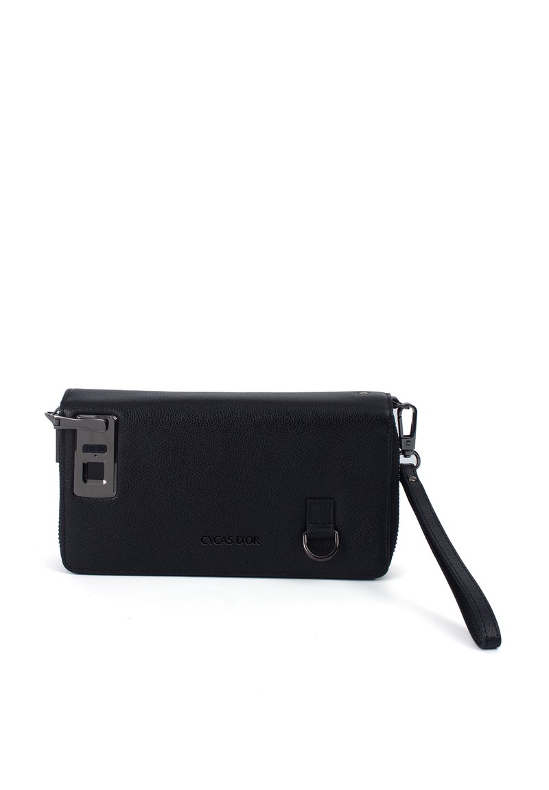 Black leather wristlet clutch with metal buckle, detachable strap, and embossed "CYCAS D'OR" logo on white background.