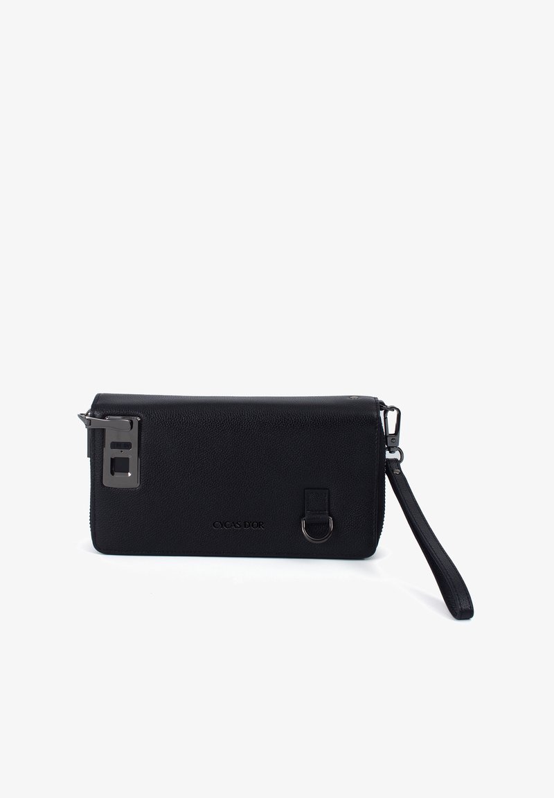 Black leather wristlet clutch with metal buckle, detachable strap, and embossed "CYCAS D'OR" logo on white background.
